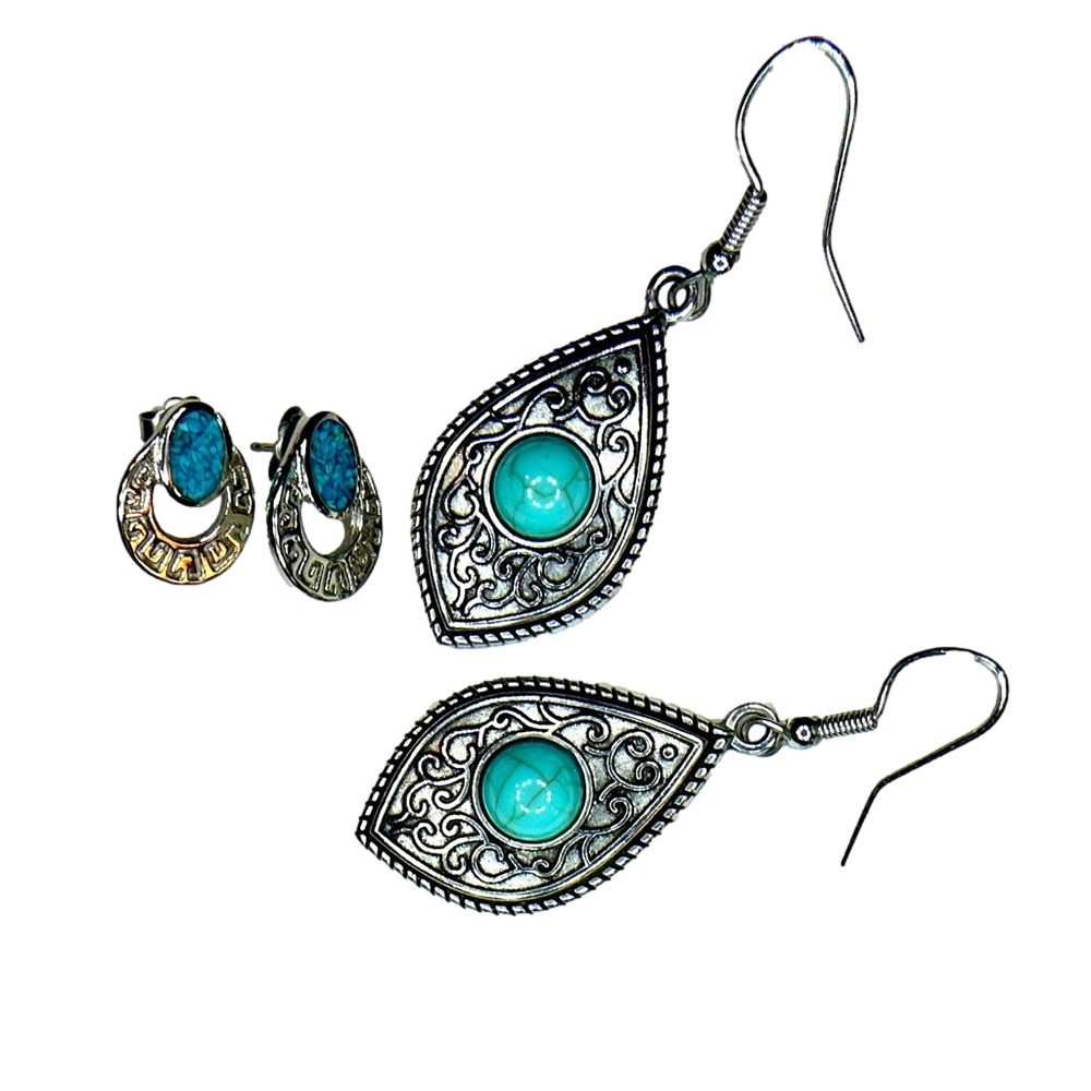 Two pairs silver tone & faux turquoise pierced earrings Women’s costume jewelry